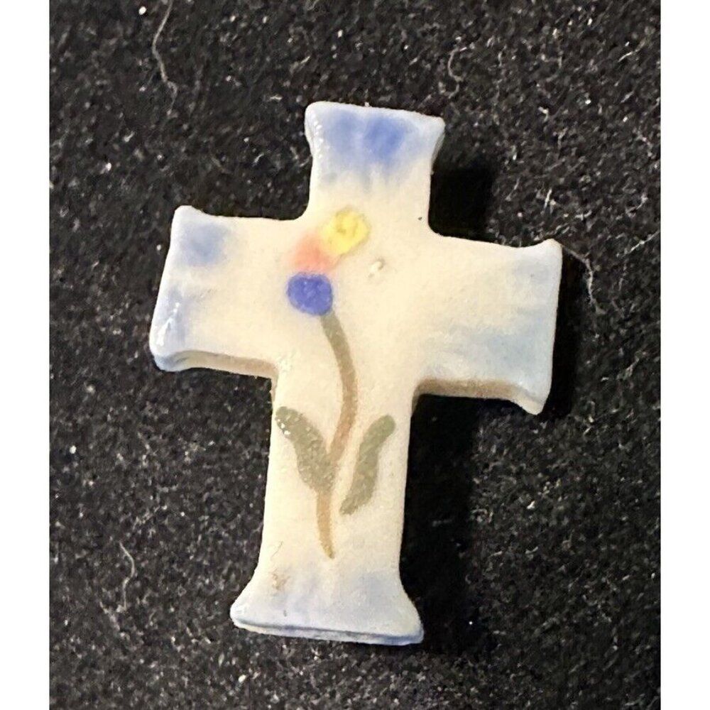 Handpainted Floral Ceramic Pottery Cross Pin Brooch